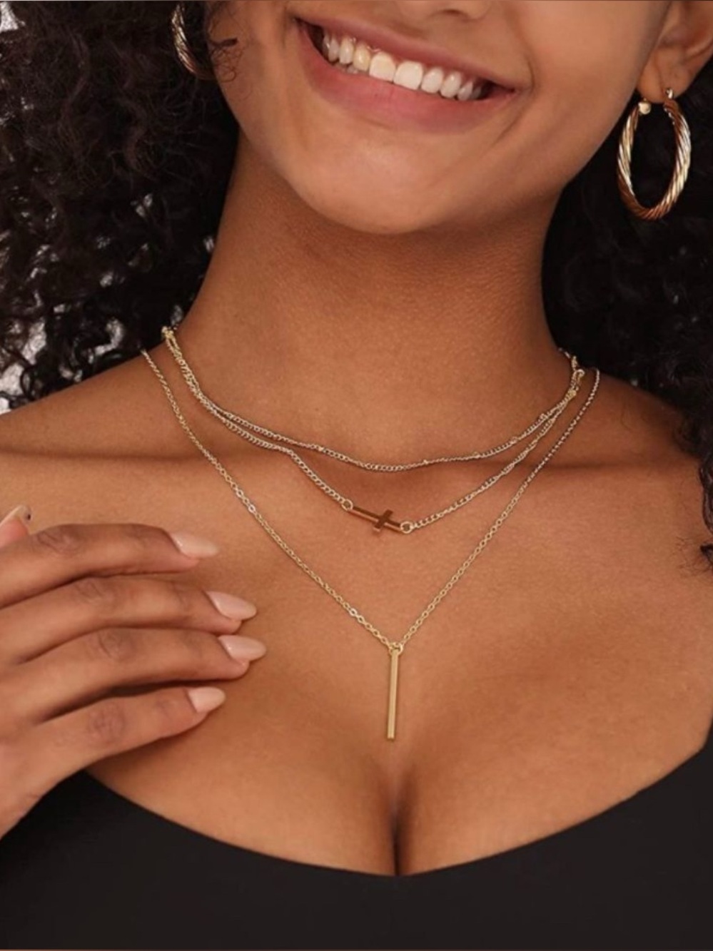 14k Gold Plated Cross & Bar 3pc Chain Necklace Set